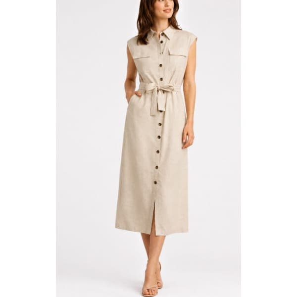 Jacaranda – Robe Chemise Longue Kamraya en Lin sans Manches – Beige