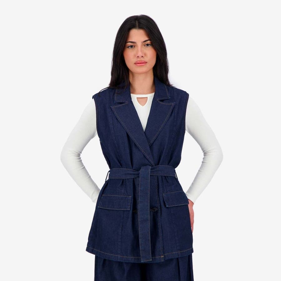 Kontakt – Blazer croisé femme sans manches-SAHAR – Jeans Bleu foncé