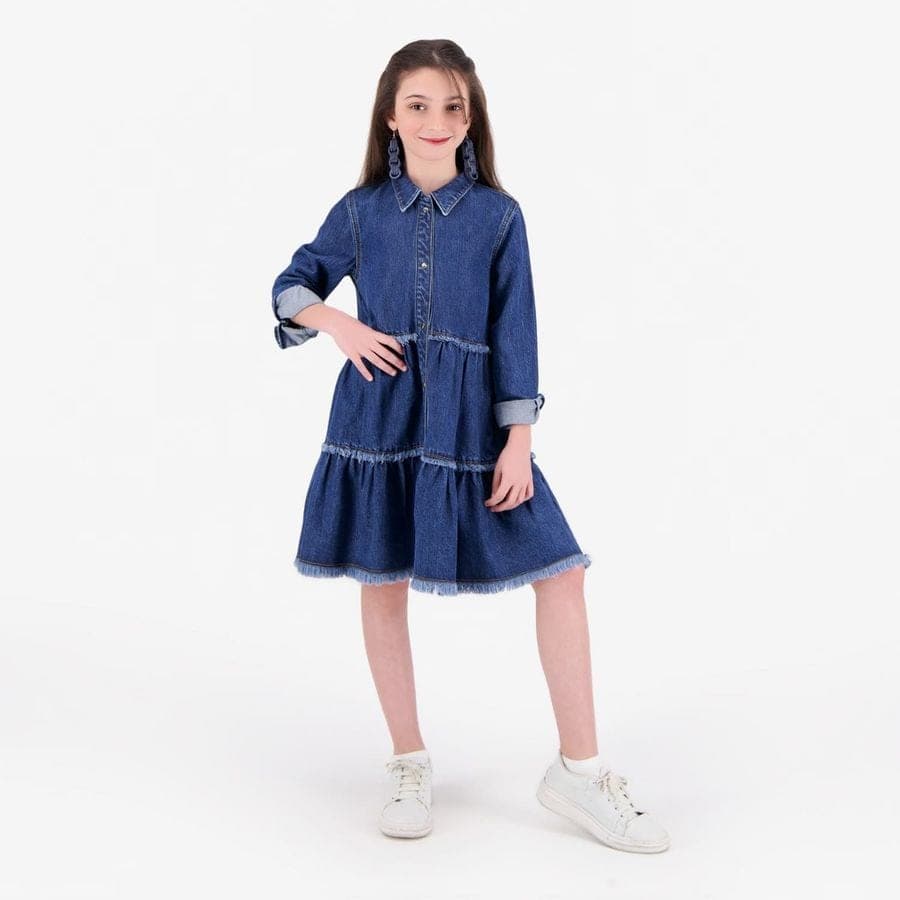 Kontakt Enfant – Robe chemise fille a volants en jeans – Jeans Bleu Foncé