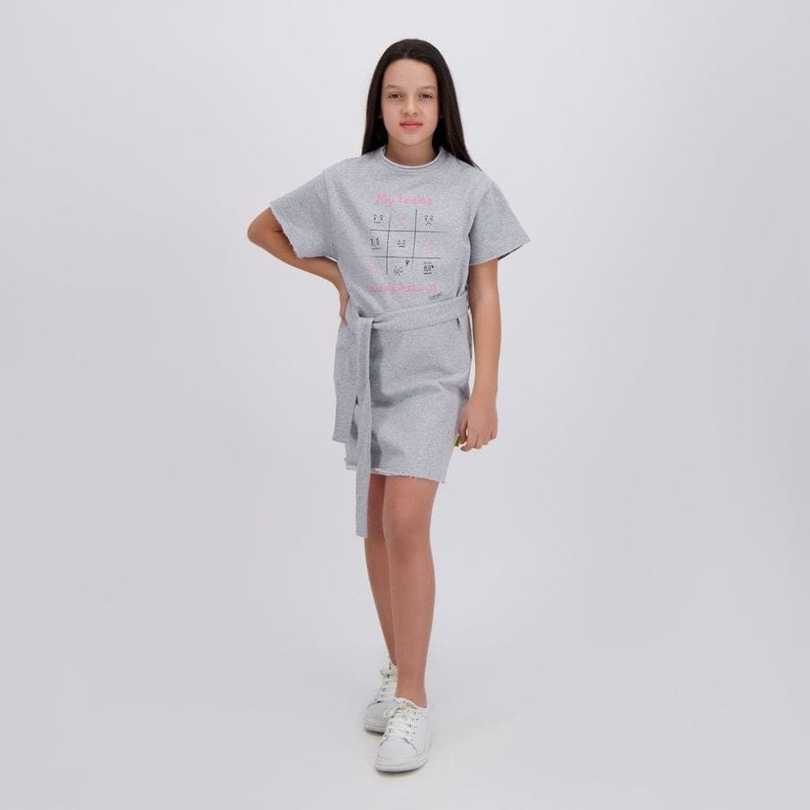 KONTAKT – Robe pour fille avec ceinture à la taille MY FEELING – Gris Chiné