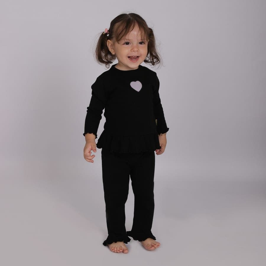Set côtelé bébé avec volant et cut out cœur – Noir