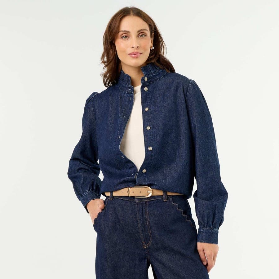 Blouse en denim avec col volanté BLEU