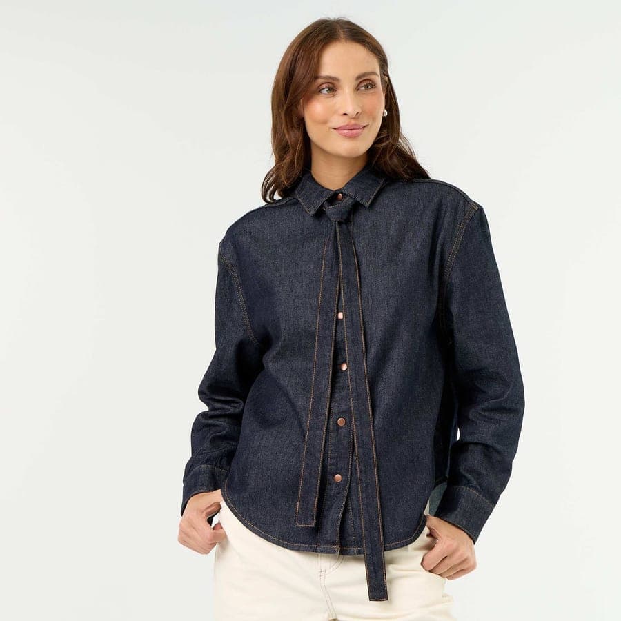 Chemise en denim avec col lavallière BLEU