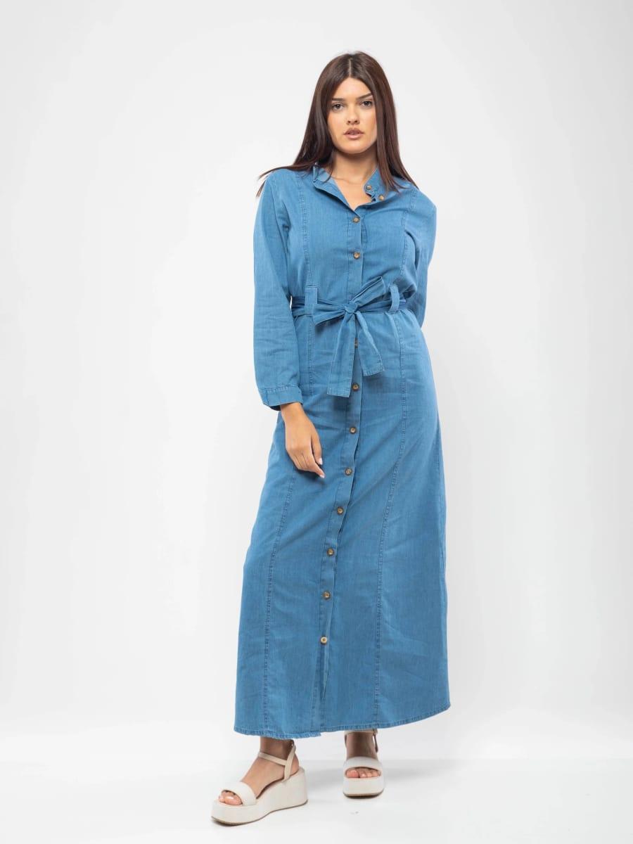 Robe Chemise Longue À Col Mao avec Ceinture