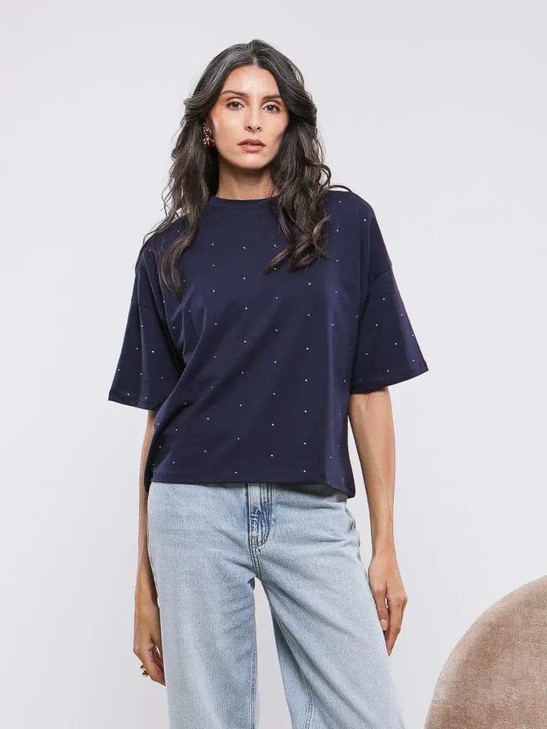 T-Shirt A Strass Et Manches Courtes